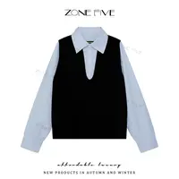 【zonefive】早秋韩系chic别致上衣假两件衬衫拼接针织上衣女Q1328
