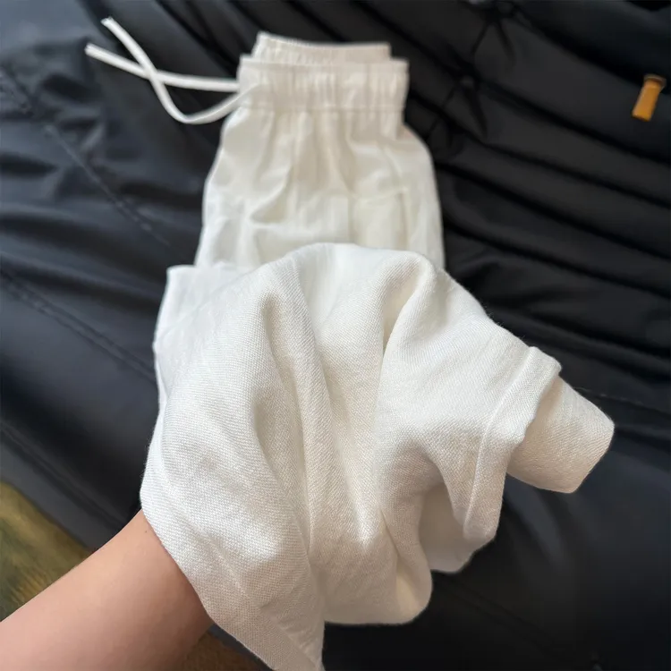 慵懒感白色棉麻休闲裤女夏季薄款胖妹妹mm高腰宽松显瘦垂感阔腿裤