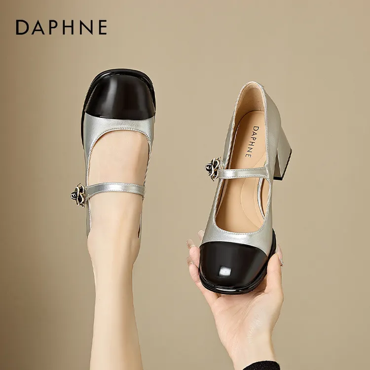 达芙妮玛丽珍鞋女鞋2025新款春秋一字带粗跟单鞋小香风高跟小皮鞋