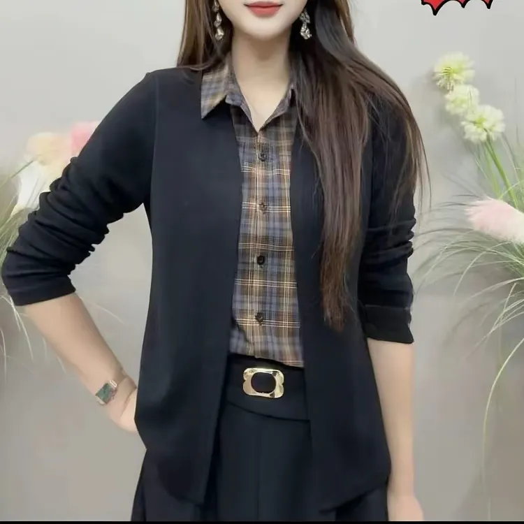 秋季假两件长袖女装拼接衬衫气质纯色外搭洋气小衫