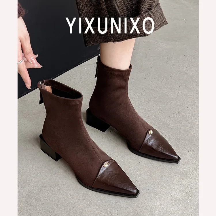 法式真皮气质尖头短靴女2025新款小踝靴粗跟中跟弹力靴时尚瘦瘦靴