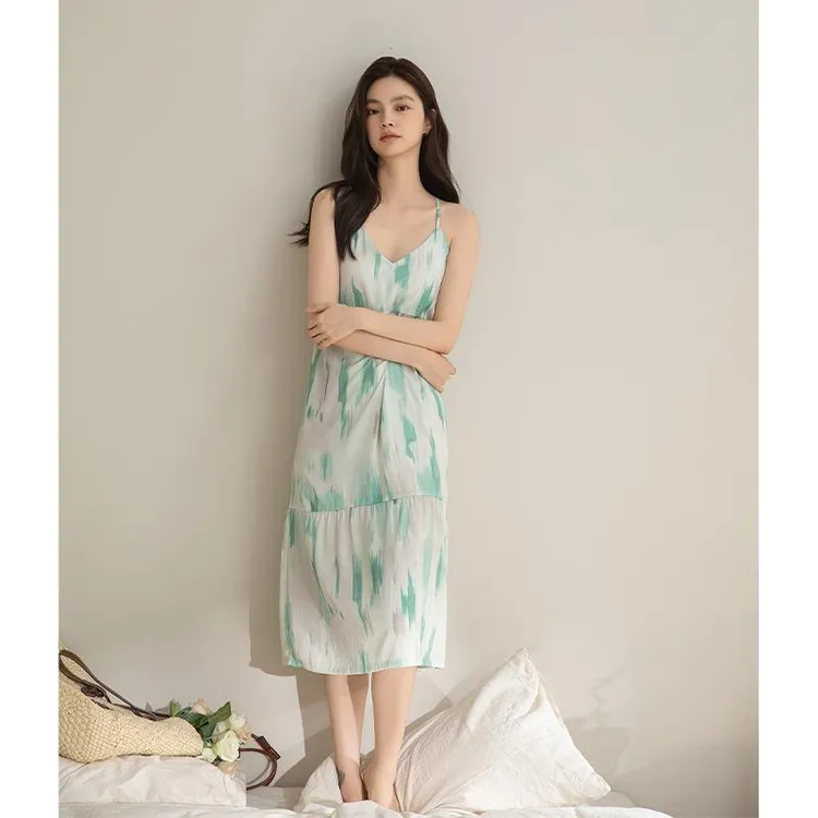 GPSUNLU自带胸垫夏季睡裙女款冰丝吊带简约甜美可外穿家居服睡裙