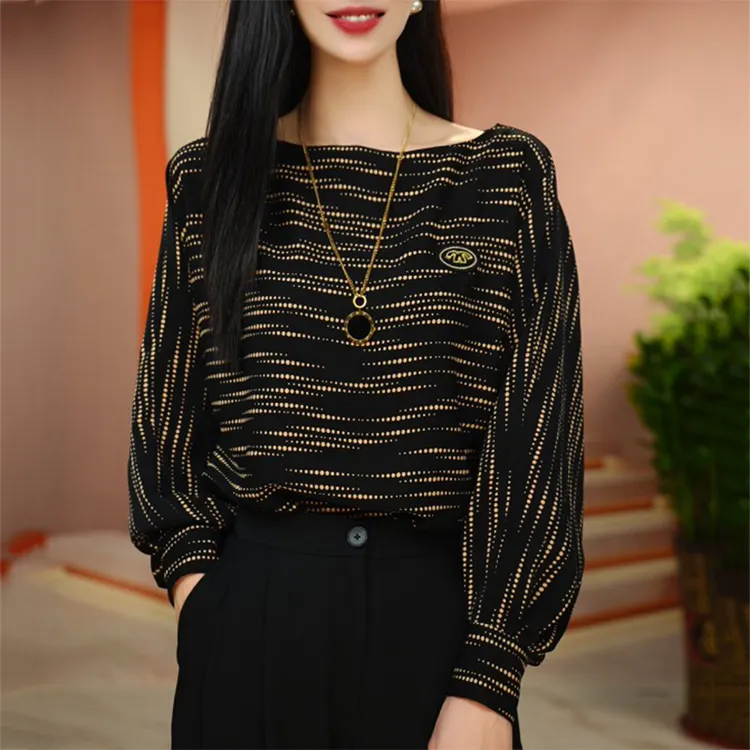 2025春季新款气质一字领显瘦气质百搭印花长袖宽松型套头上衣