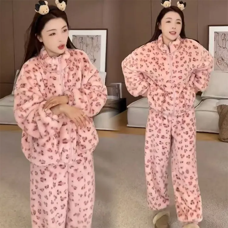 慵懒蕾丝花边豹纹加厚保暖立领睡衣套装女2025秋冬新款舒适两件套