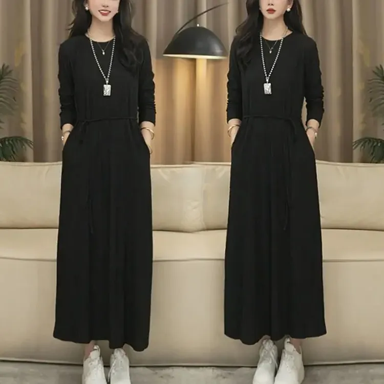 新款时尚法式连衣裙女宽松垂感腰绳外穿黑色长款遮肉显瘦高腰长裙