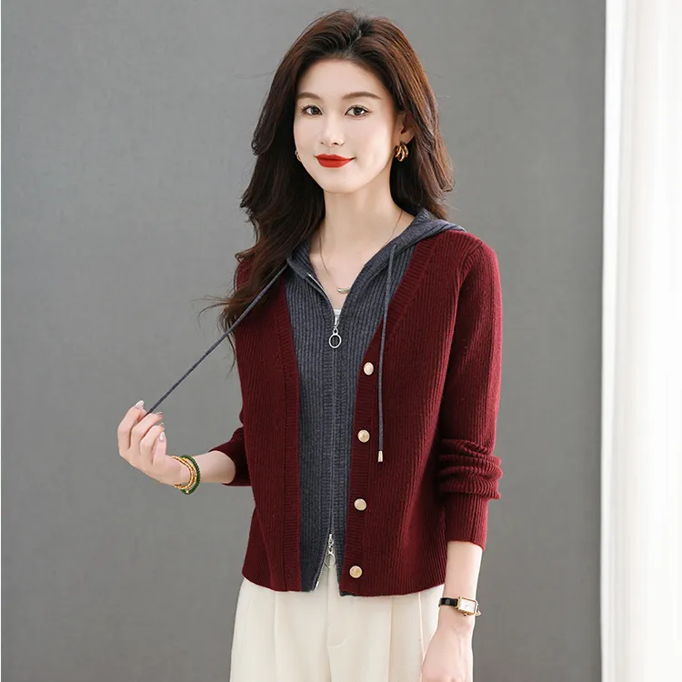 假两件上衣女时尚洋气短款连帽毛衣外套春秋2025新款爆款针织开衫