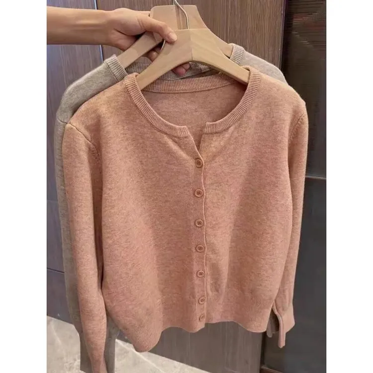 春秋薄款针织开衫女韩版圆领宽松短款外搭毛衣外套上衣