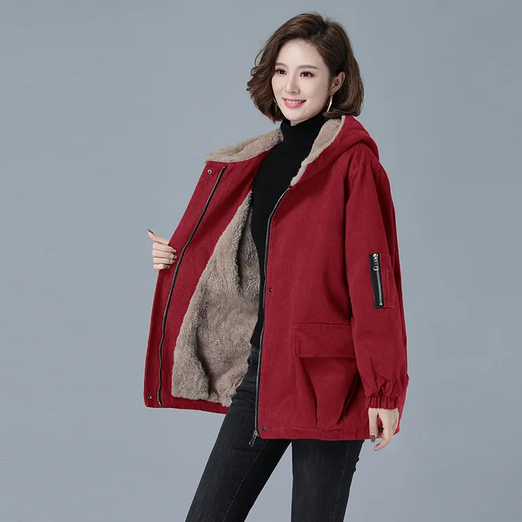 加绒加厚派克服女冬季新款宽松休闲连帽棉衣中年妈妈棉袄外套