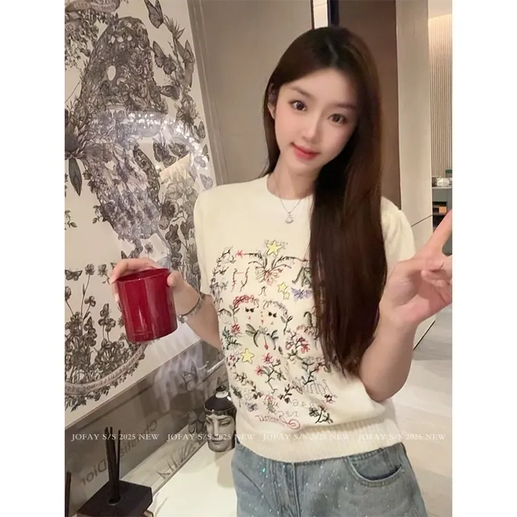 【CHASINGLIGHT】“莫奈花园”刺绣图案针织短袖高级重工圆领T恤M1267