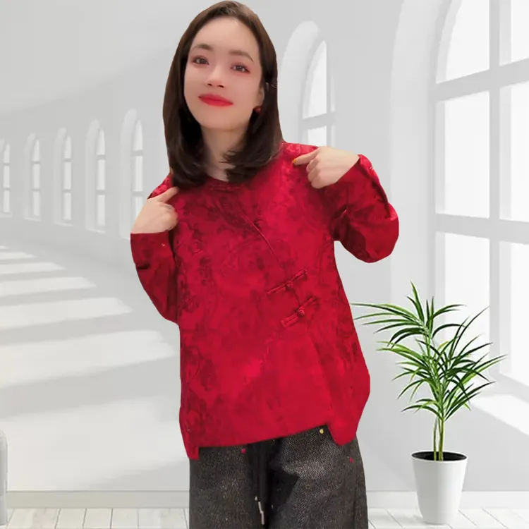 新年战袍时尚洋气国风红色衬衫2025春季新款斜襟盘扣提花刺绣上衣