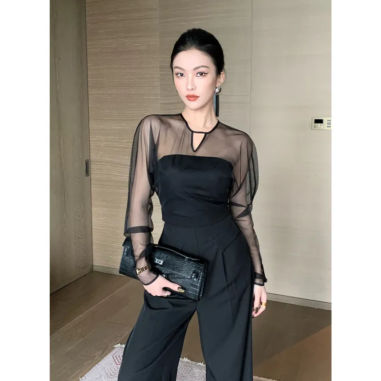 JIJINQI时尚透气百搭上衣2024秋季新款显瘦蕾丝衫上衣JINQCSP0619