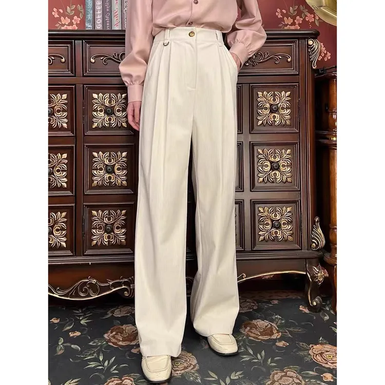复古设计感灯芯绒百搭拖地长裤颜色米杏色长裤