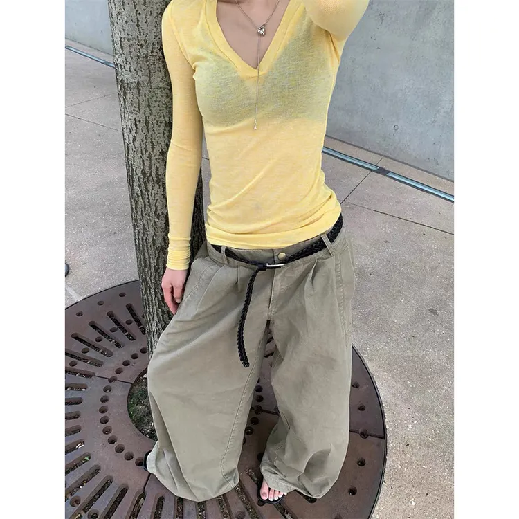 TWOMILLIONV领修身长袖t恤女纯色/长裤女水洗做旧阔腿休闲拖地裤