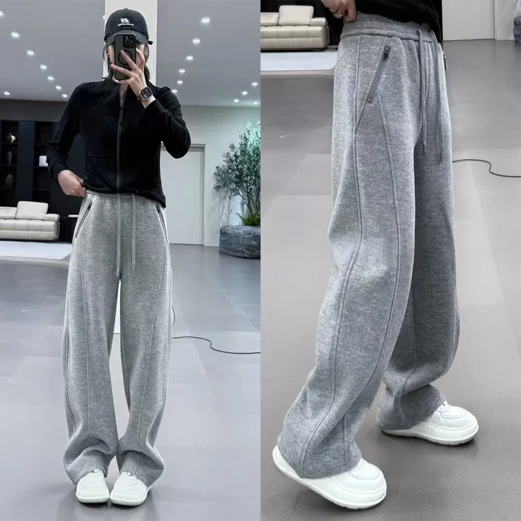 加绒羊毛呢窄版阔腿弯刀裤女秋冬2025新款高腰宽松休闲直筒运动裤