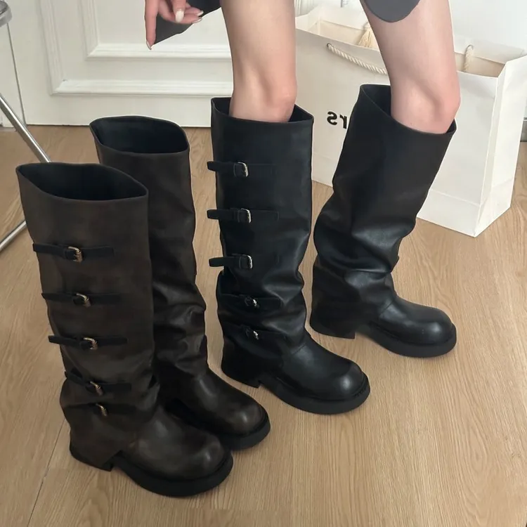【琥珀流光】南在南方复古粗跟长靴女2025新款秋增高厚底高筒裤管靴