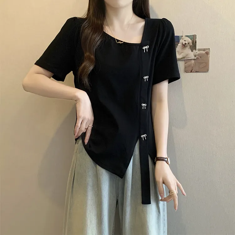 大码法式不规则遮肚短袖t恤女夏季胖妹妹显瘦别致正肩上衣打底衫