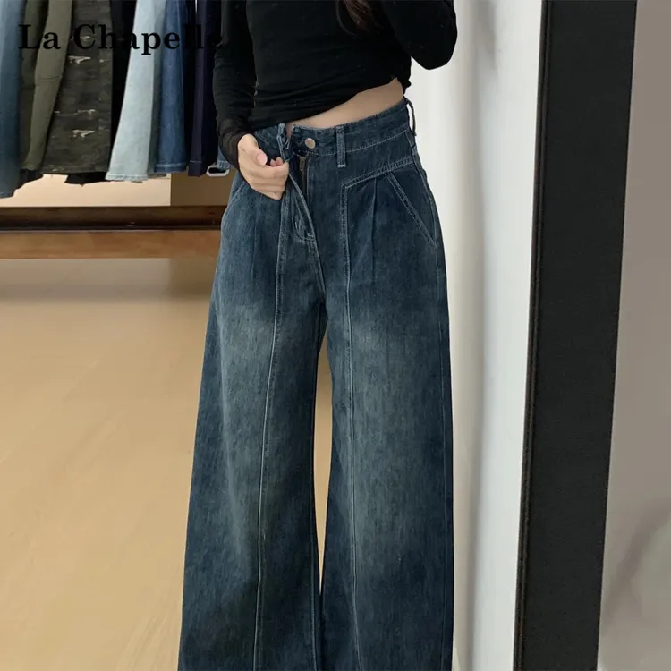 拉夏贝尔美式复古阔腿牛仔裤女秋冬加绒高腰梨型身材遮胯直筒裤子