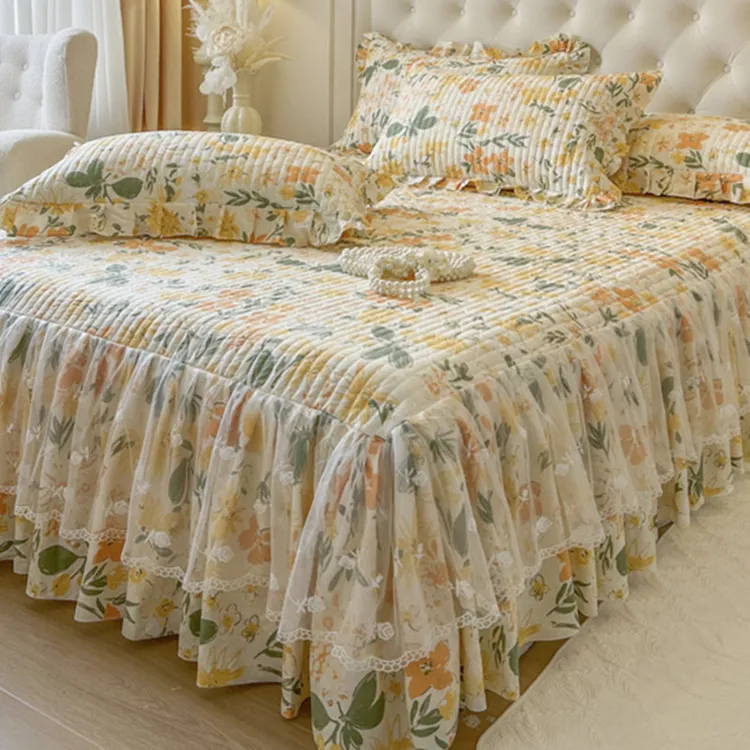 A类100%纯棉花边蕾丝床裙式床笠夹棉防滑全棉韩式床套席梦思床罩