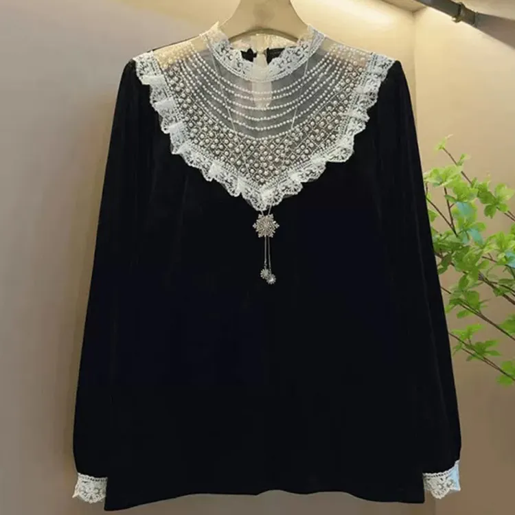 大码女装3665重工钉珠蕾丝长袖打底衫秋季时尚百搭显瘦上衣