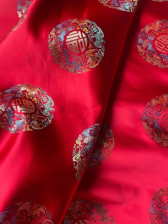 中国风五福团织锦缎布料红布丝绸用于喜庆背景装饰及（115幅宽）