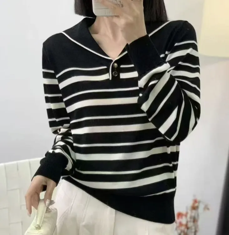 春季新款洋气莱赛尔天丝海军领条纹撞色薄款冰丝针织衫显瘦时尚女