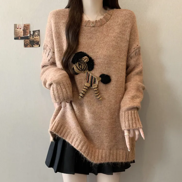 大码胖mm秋冬季新款小马刺绣复古慵懒风设计感宽松减龄针织衫毛衣