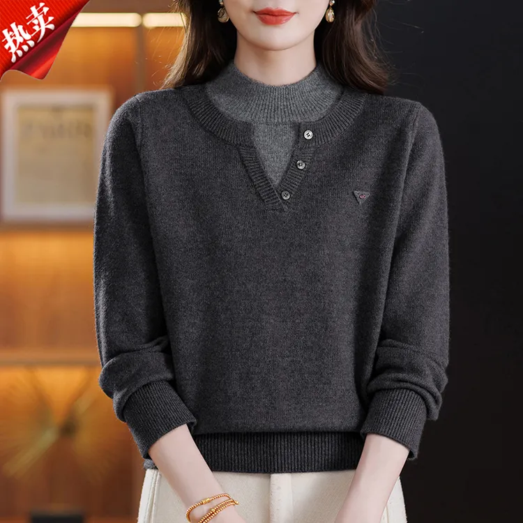 【原版正品】羊毛衫女假两件圆领毛衣时尚洋气秋冬内搭宽松针织打底