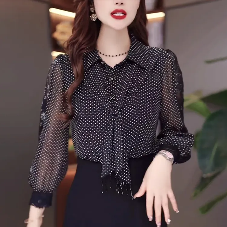 2025秋季新款黑色波点长袖女衬衫洋气减龄显瘦设计感飘带雪纺上衣