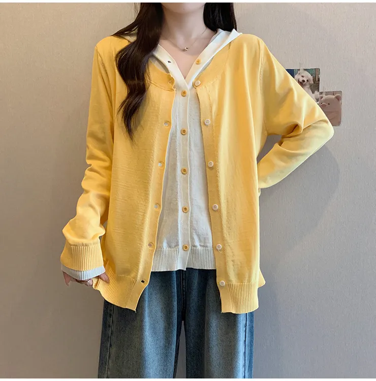 韩系假两件连帽针织衫女早秋季2025新款百搭减龄开衫精致女士上衣