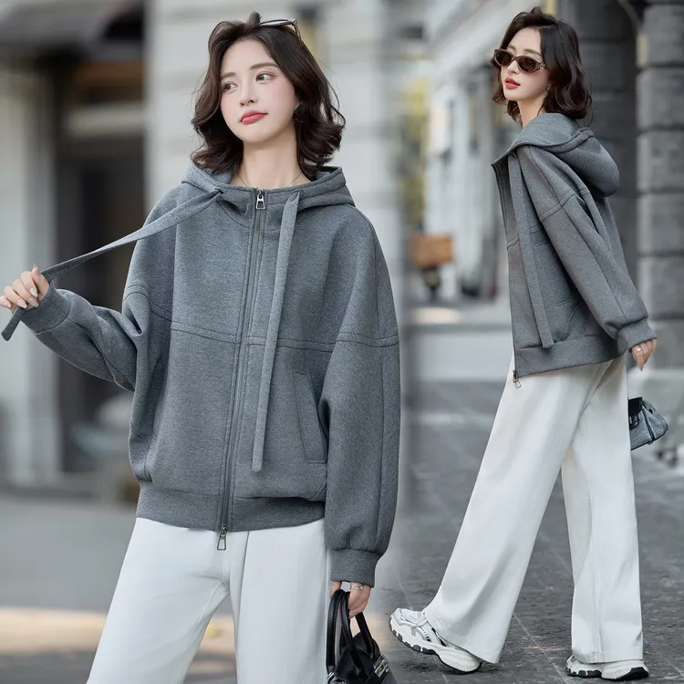 连帽灰色开衫慵懒风卫衣外套女2025秋季新款韩版百搭宽松显瘦外套