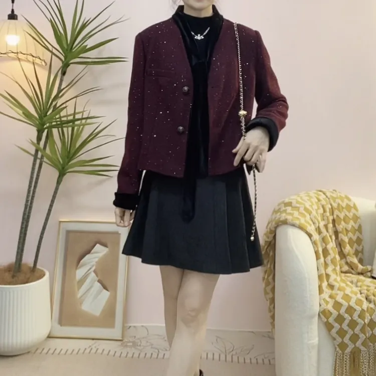 009时尚气质名媛范V领亮片百搭短款小香风长袖外套009/FZC