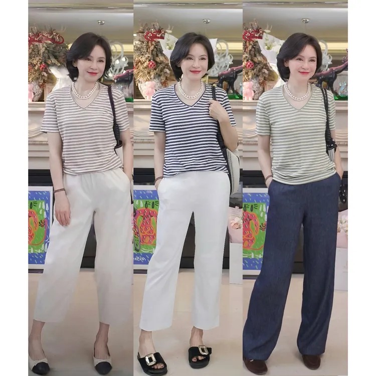 我是摩羯 条纹爱好者 亚麻V领条纹时尚百搭夏短袖T恤