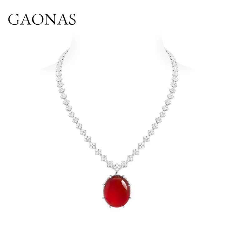 坠链均925银合成锆石 GAONAS 大气美贵气红色大蛋面项链 10942XR