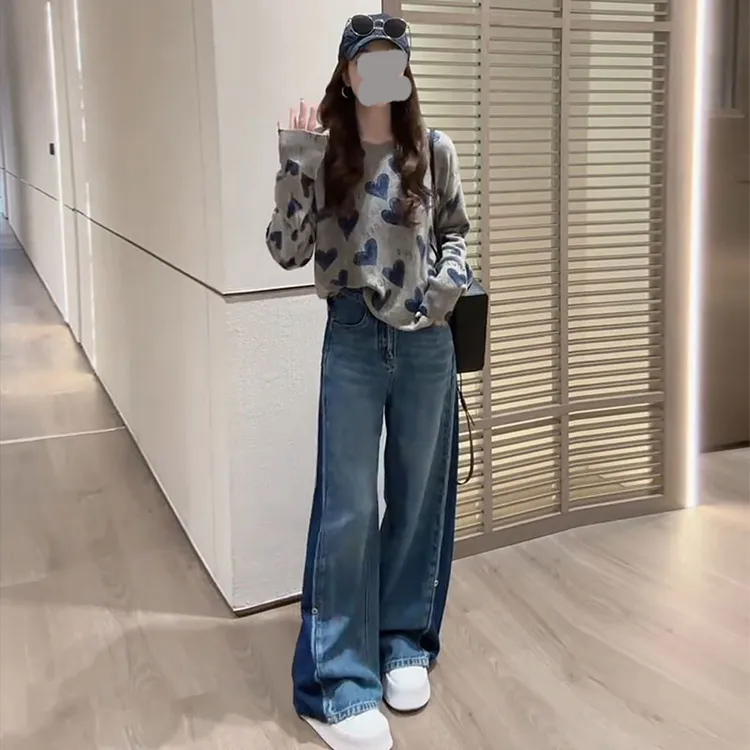 网红洋气炸街套装女2025年春秋新款爱心长袖针织毛衣阔腿裤两件套