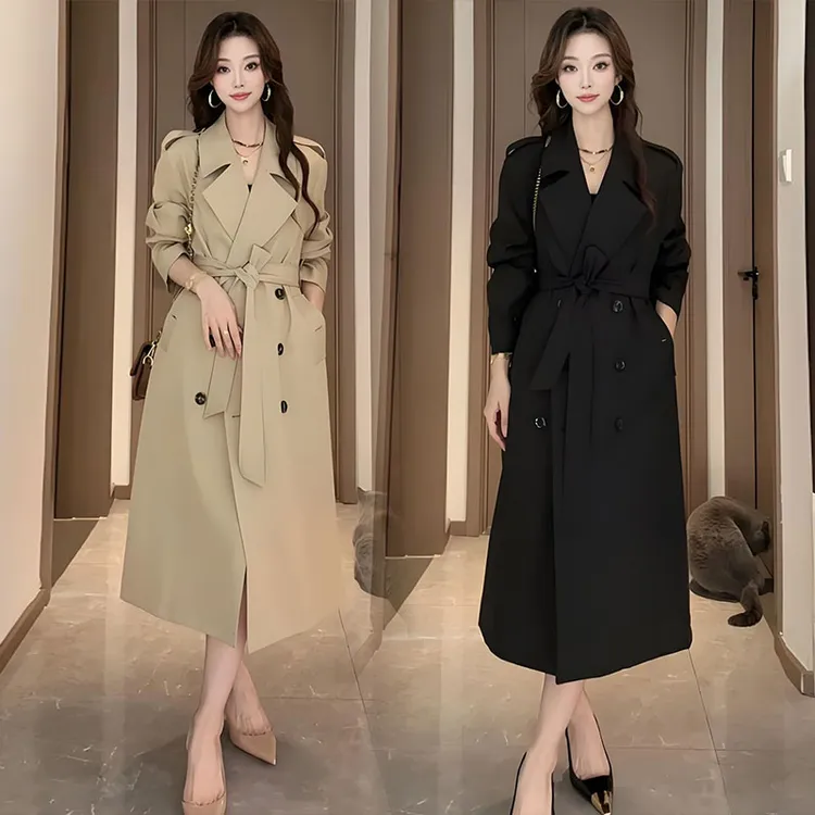 拉夏贝尔卡其色风衣外套女中长款2025秋季今年流行超好看翻领大衣