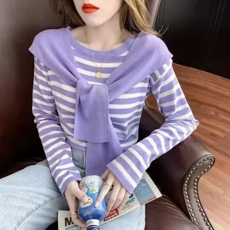 2025年新款秋装设计感小众洋气长袖上衣条纹假两件针织衫女