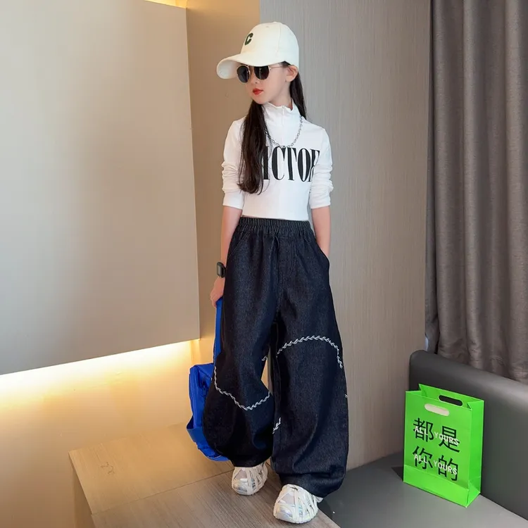女童装2025春秋季韩范酷飒女童修身短款立领长袖阔腿牛仔裤套装潮