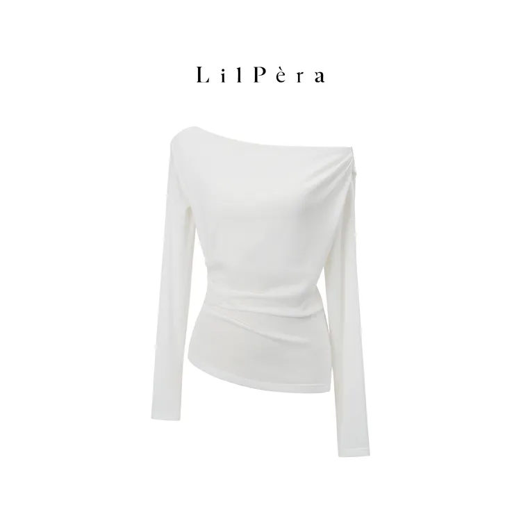 Lilpera胖梨定制 “云朵衫”秋款米白色天丝羊毛斜肩荡领长袖T恤B98