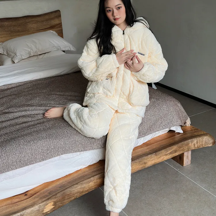 及好超厚三层夹棉睡衣女款冬季珊瑚绒加厚保暖拉链连帽家居服套装