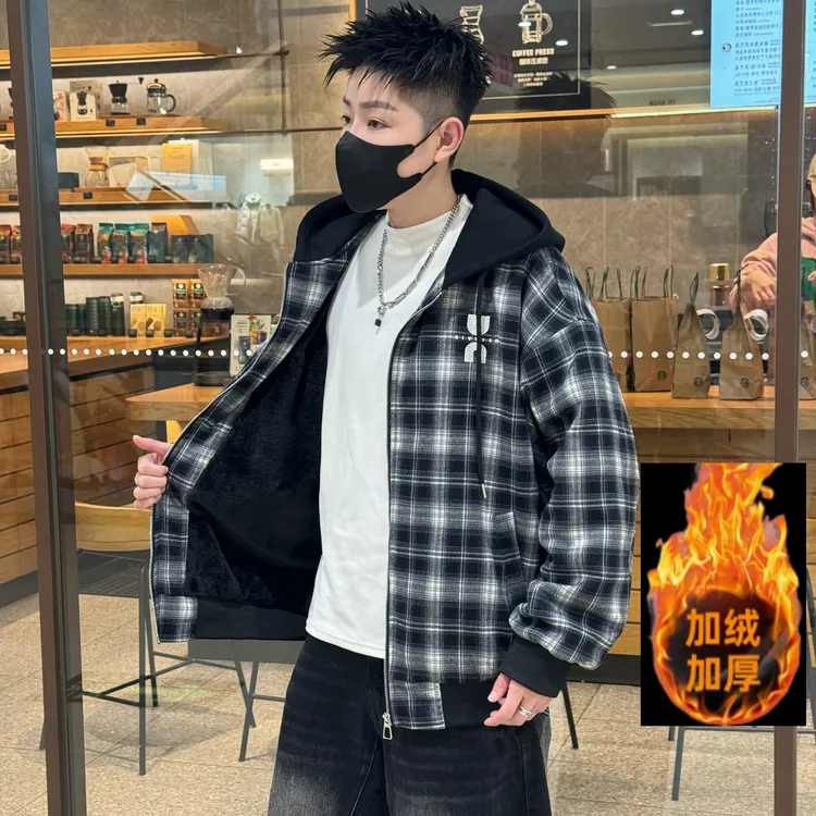 新款加绒加厚保暖青少年学生拉链开衫青春少年格子外套时尚厚款