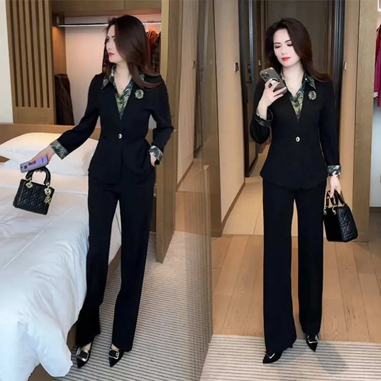 春季新款时尚欧若风穿搭气质收腰修身显瘦假两件套装高腰春秋长袖