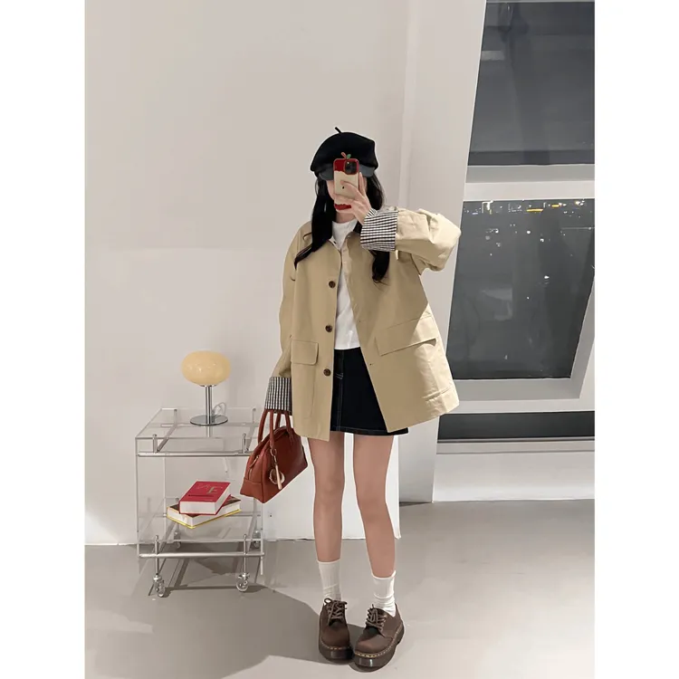 韩系新款高智巴恩风卡其色风衣撞色格纹拼接短款宽松外套女春秋季