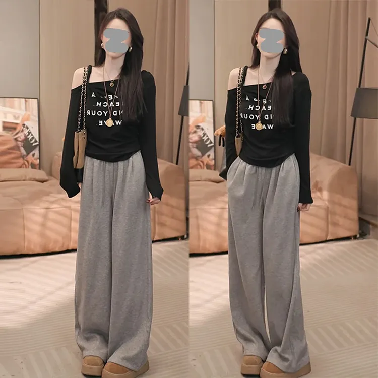 设计感小众斜肩字母印花长袖T恤女2025秋季新款时尚百搭减龄上衣