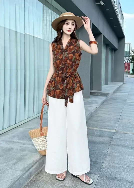 夏季新款印花绑带上衣搭配阔腿裤女士百搭套装