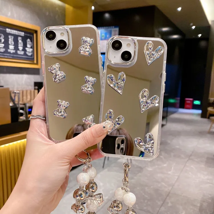 立体爱心适用16pro手机壳带手链iphone15亚克力镜面保护套pc