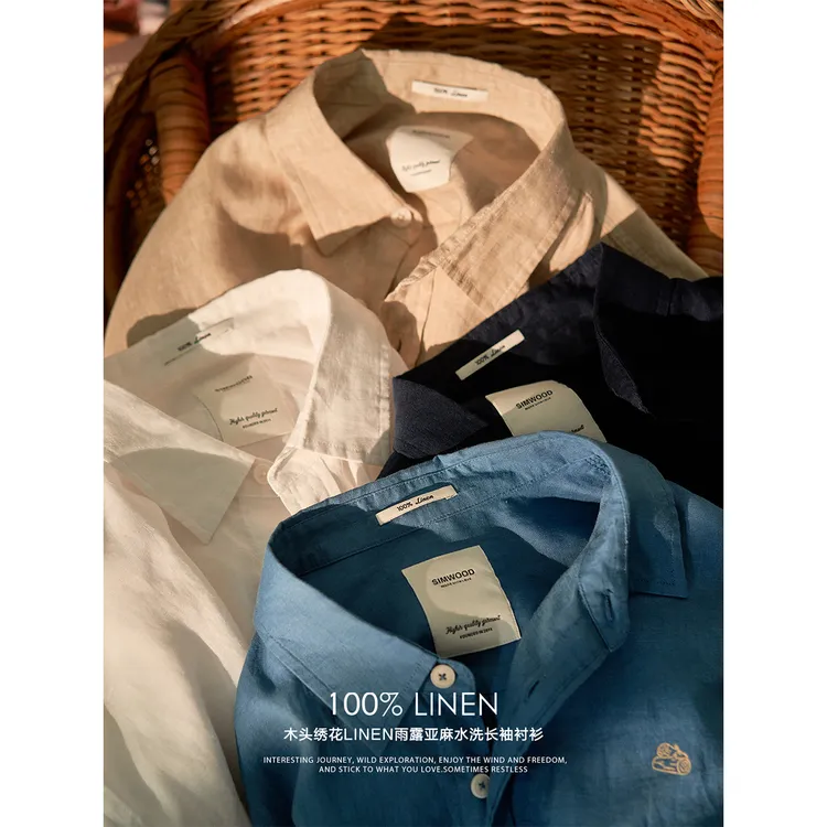 SIMWOOD/简木【宽松版】绣花LINEN雨露亚麻水洗长袖衬衫男SO130260