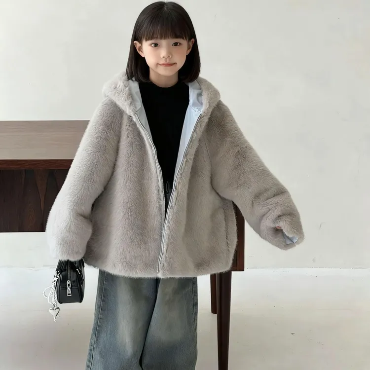 2025新款两面穿外套防水外套仿皮毛男童女童外套连帽防风防水保暖