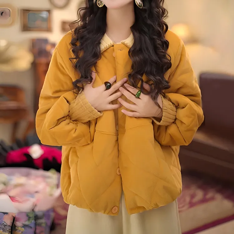外套冬装2025新款爆款韩系时尚洋气减龄圆领夹棉加厚黄色棉衣女潮