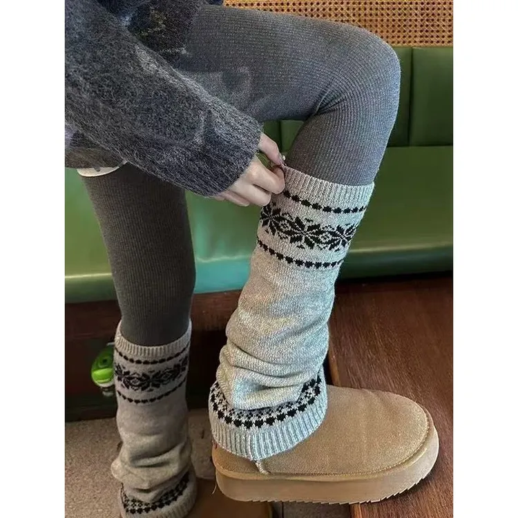 韩系费尔岛女款袜子秋冬堆堆袜套粗线针织雪花显瘦保暖灰色小腿c