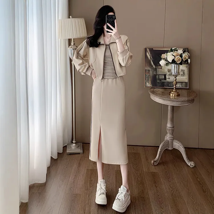 一整套ootd穿搭时尚套装裙超火减龄条纹吊带外套半身裙三件套